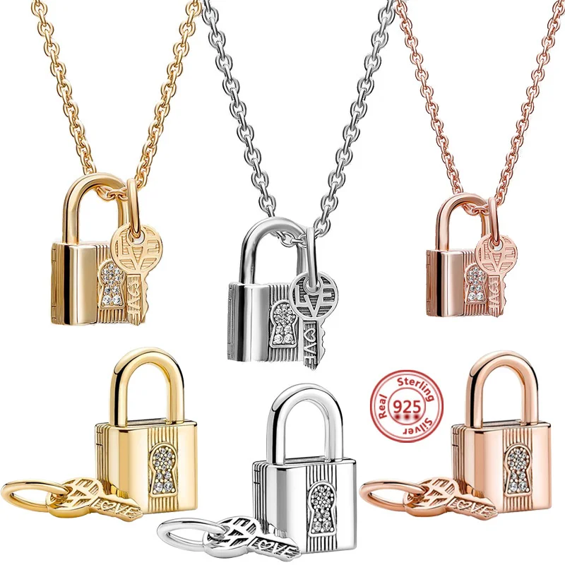 925 Sterling Silver Padlock & Key Dangle Charms Pendent Fit Original