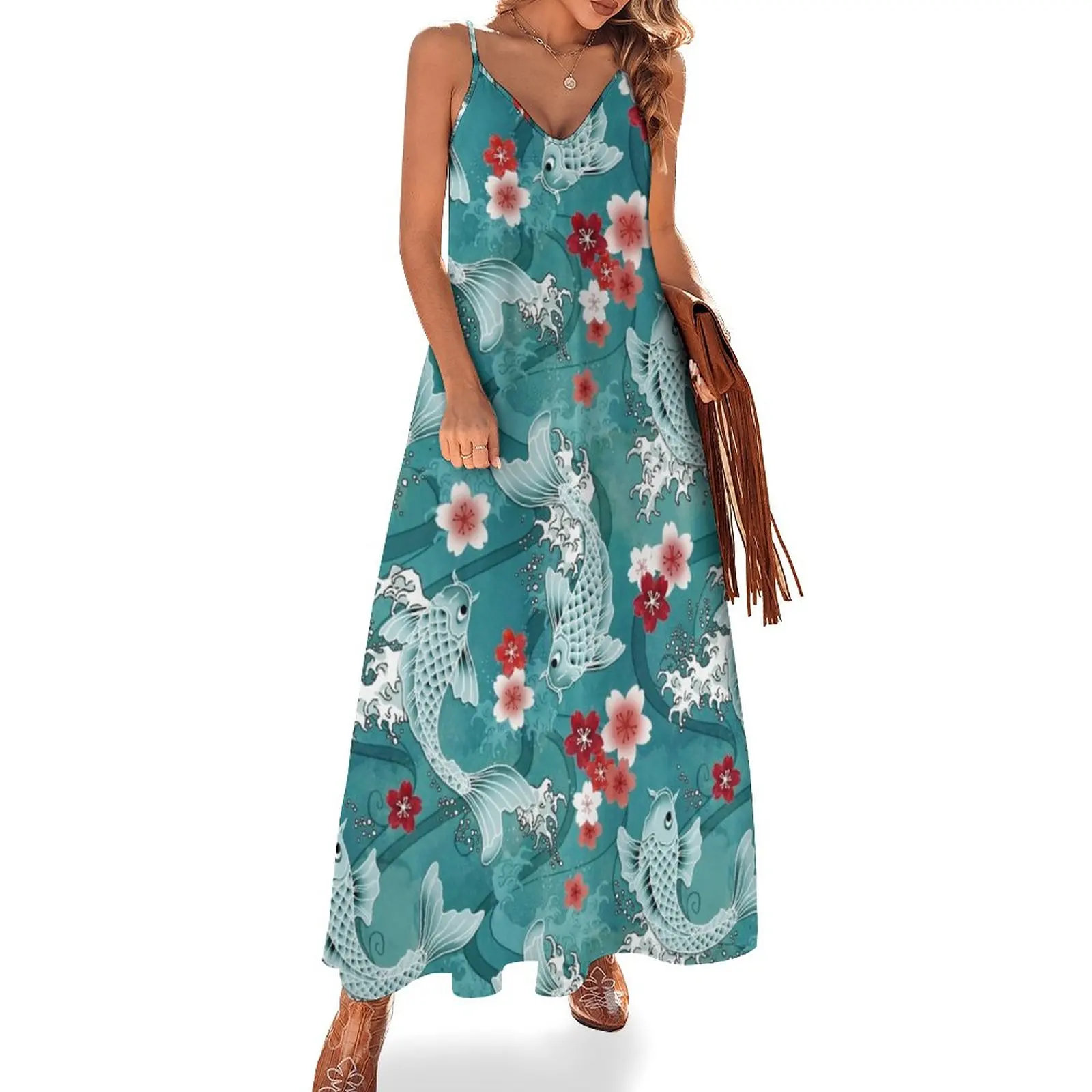 

Koi sakura blossom in turquoise Sleeveless Dress dress women summer elegant women's dresses sale