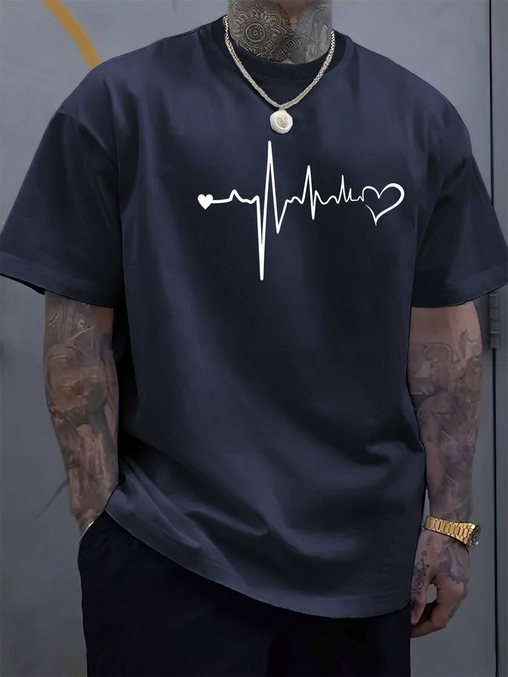 Men's Summer 100 Cotton Fashionable Casual Loose Large Heartbeat Creative Printed Sports Round Neck Short Sleeve T-shirt Top