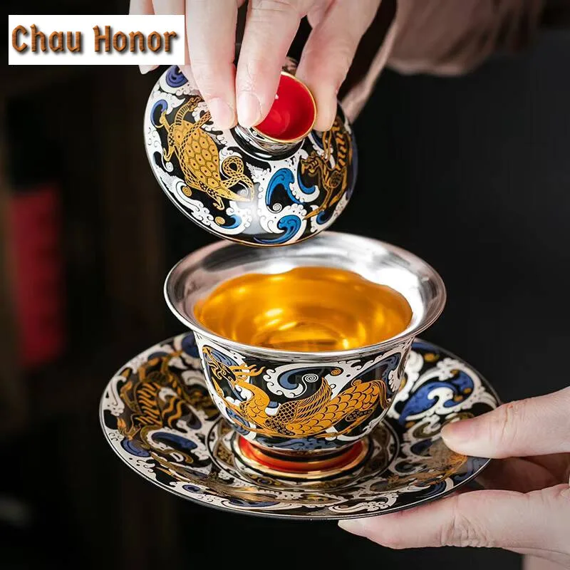 170ml Handmade Gold Coin Taotie Gaiwan High End Anti Scalding Gilded Silver Tea Tureen Tea Making Bowl Tea Ceremony Collection