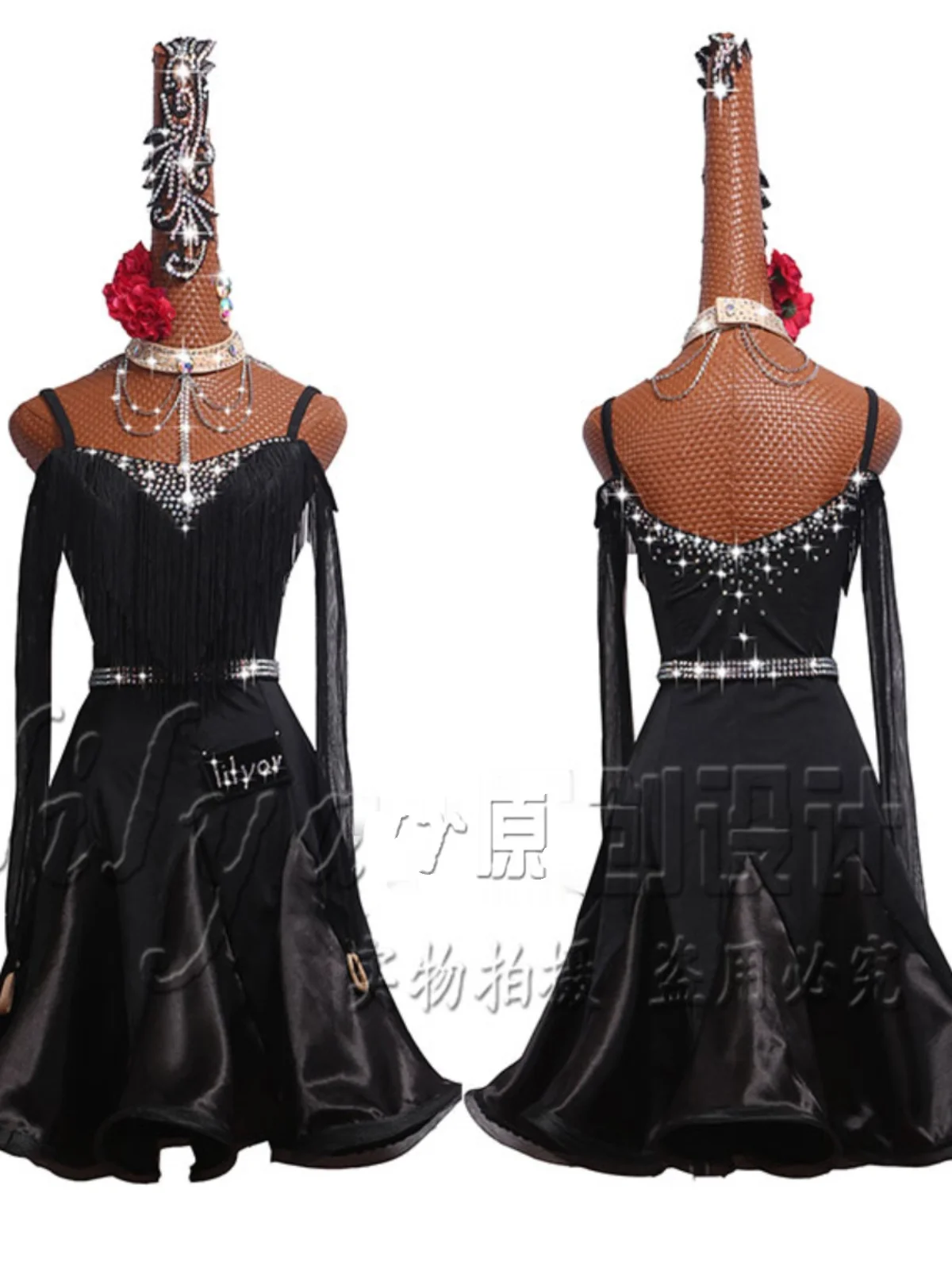 latin-dance-competition-performance-costume-dress-women's-black-one-line-collar-long-sleeved-pleated-skirt