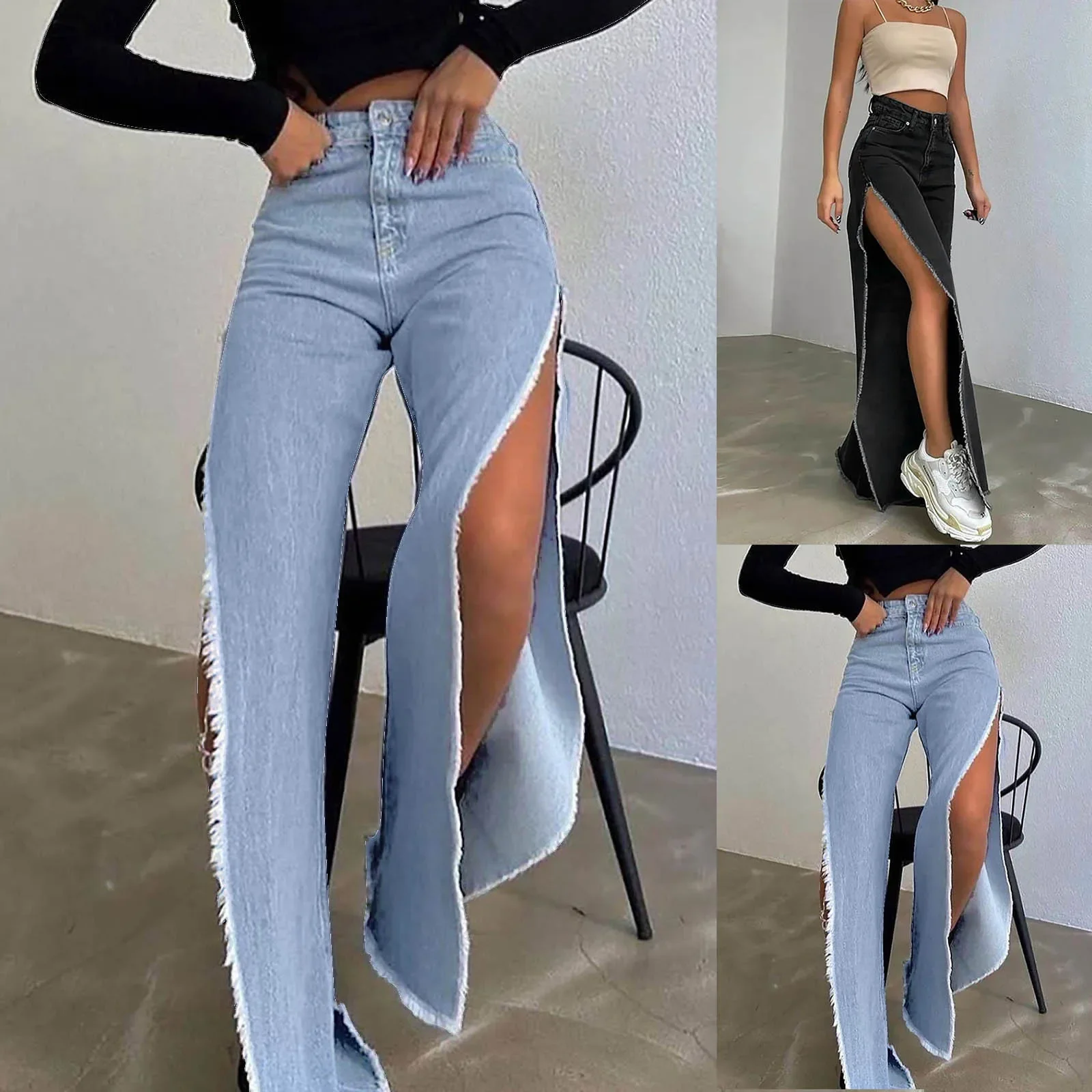

Jeans High Waist Straight Double Side Slit Jeans Women 2023 European and American Street Fashion Babes All-Match Trousers