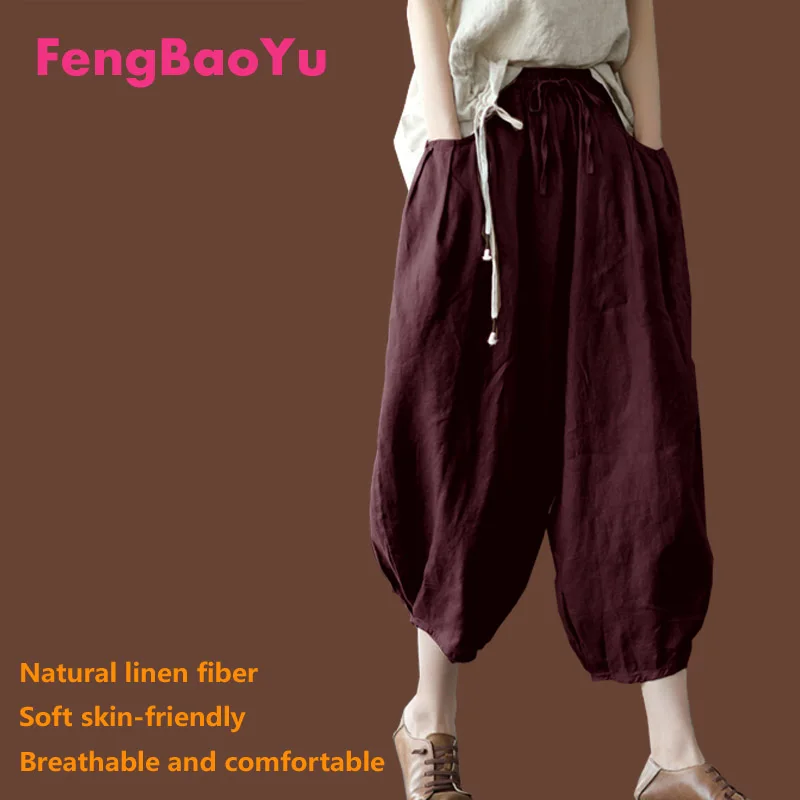 Fengbaoyu Spring Summer Flax Ladies Casual Seven-cent Trousers Loose Waist Literary Style Lantern Radish Pants 4XL Weight 100KG