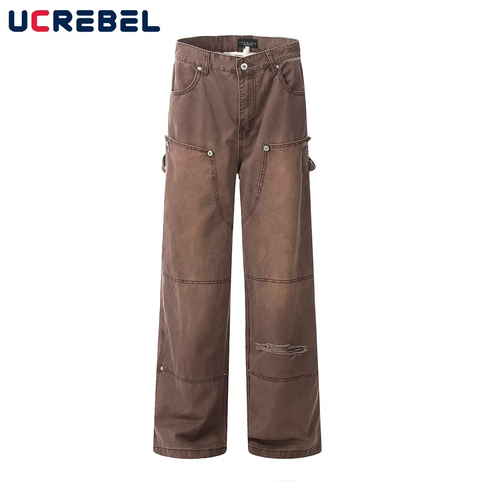 Removable Double Knee Denim Carpenter Pant Mens Retro High Street Straight Wide Leg Washed Distressed Jeans Men 4