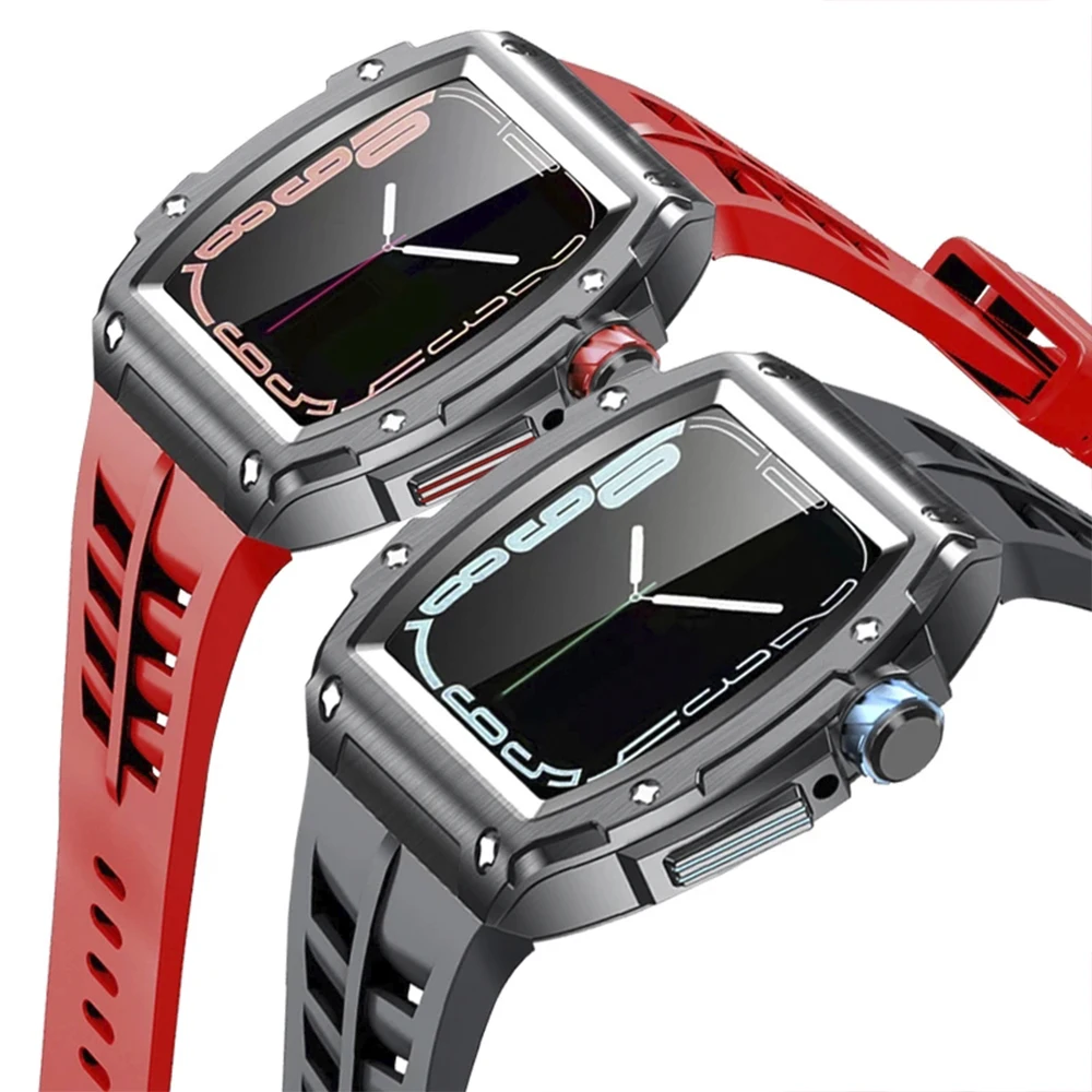 Retrofit Kit Strap for Apple Watch Band 45mm 44mm Rubber Strap + Stainless Steel Mod Kit Protective Cover for iWatch 8 7 6 5 4SE