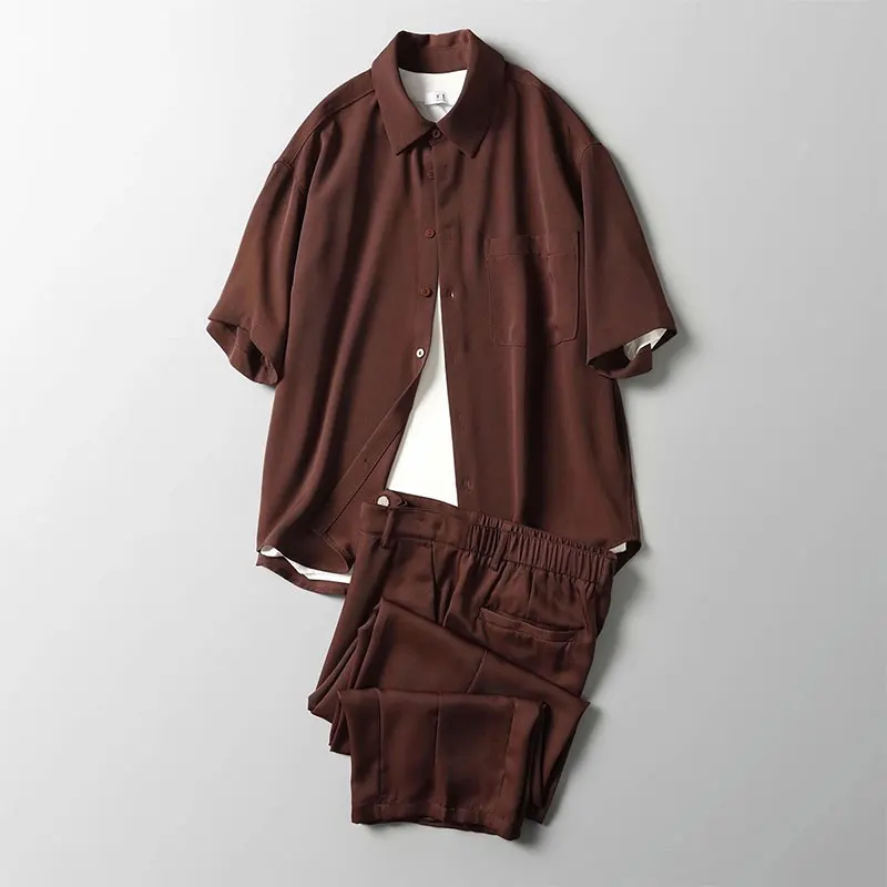 Elegant Fashion Harajuku Slim Fit Ropa Hombre Sets Loose Casual All Match Trousers Solid Button Short Sleeve Blusa Two Piece Set