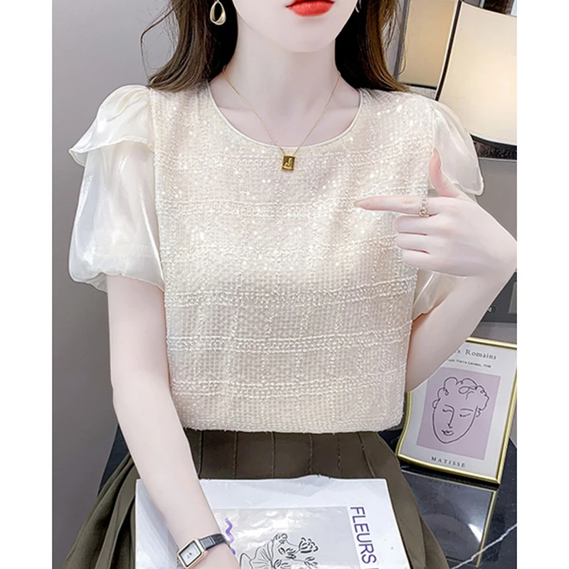 Elegant O-Neck Spliced Sequined Gauze Puff Sleeve Blouses Women's Clothing 2024 Summer New Loose Casual Tops Office Lady Shirts