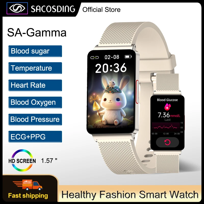 

Non-Invasive Blood Glucose Smart Band ECG 24-Hour Heart Rate Blood Pressure Smartwatch IP67 Waterproof Fashion Smart Watch Women
