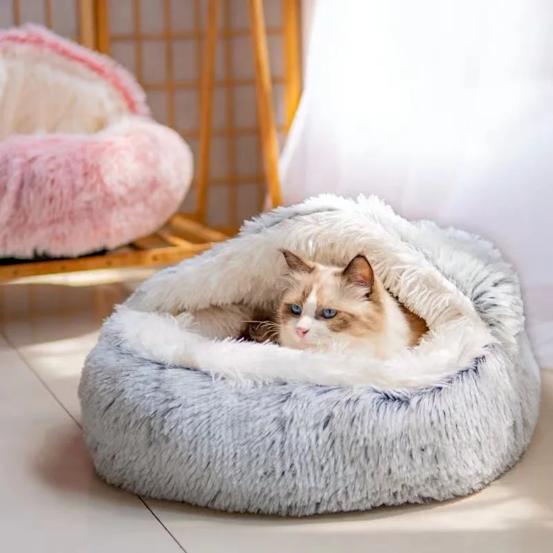 Soft Plush Pet Bed with Cover Round Cat Bed Pet Mattress Warm Cat Dog 2 in 1 Sleeping Nest Cave for Small Dogs