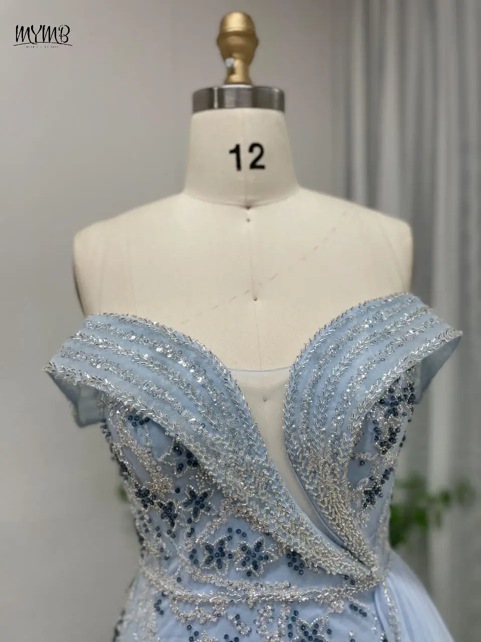 MYMB Blaue Meerjungfrau-Luxus-Hochzeitsgastkleider mit Perlen und seitlicher Schleppe, funkelnde schulterfreie Ballkleider für Frauen, Party MB40090 – Detail 8