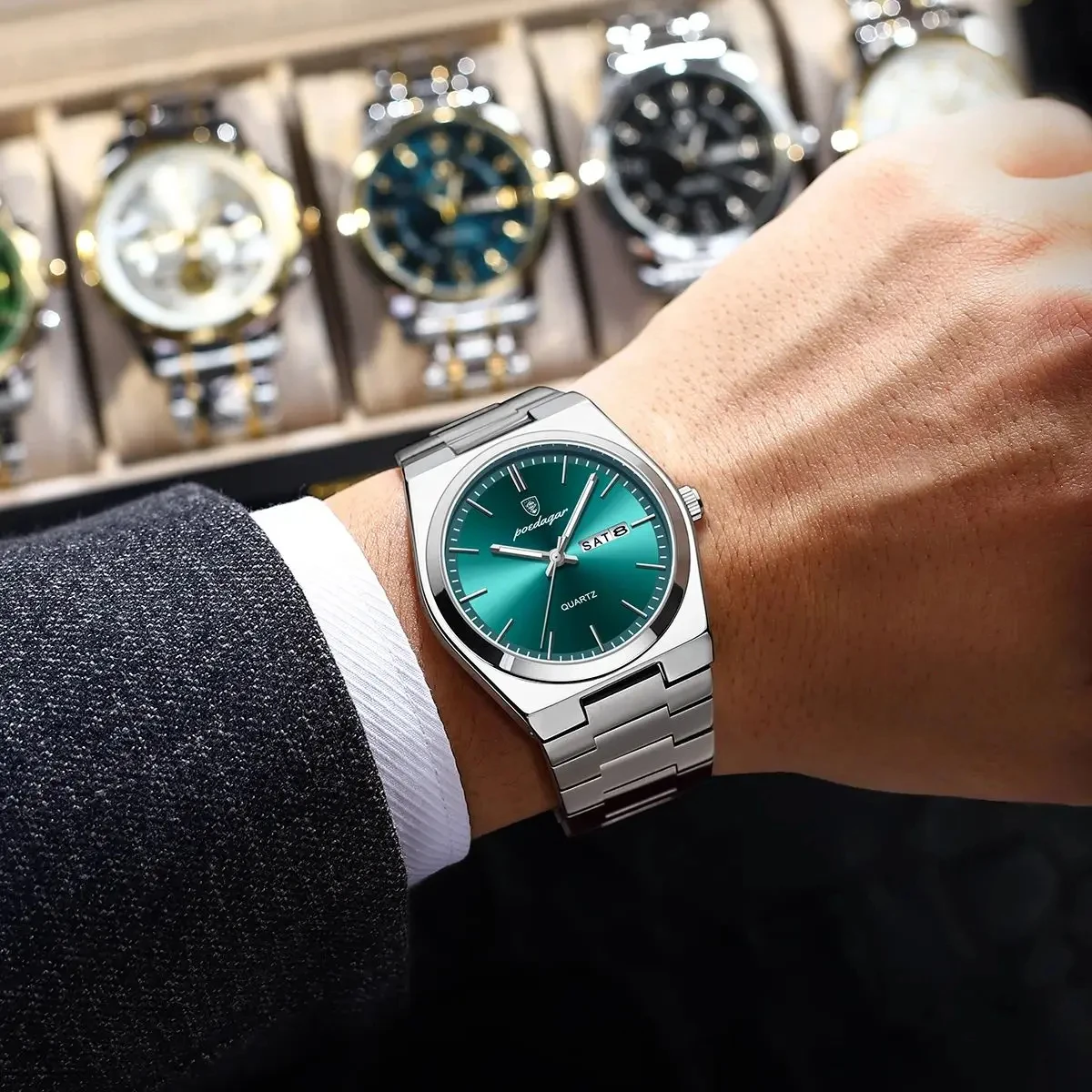 POEDAGAR Luxury Quartz Man Wristwatch Sport Men Watches Waterproof Luminous Date Week Stainless Steel Men's Watch Male Reloj+box 6