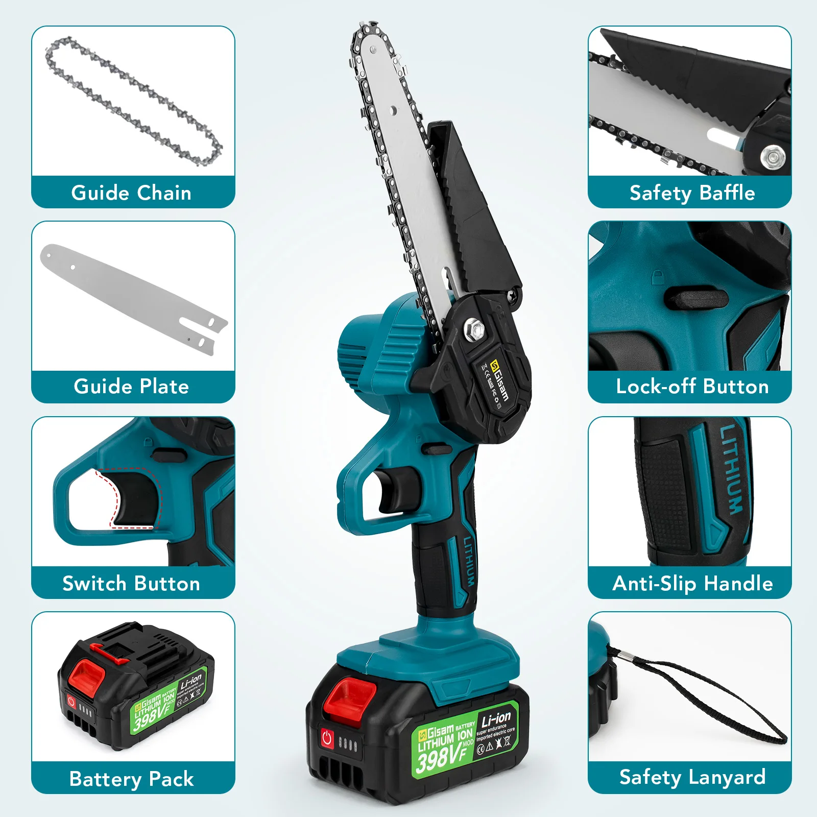 Gisam Battery Electric Chainsaw 6Inch Rechargeable Woodworking Saw Handheld Pruning Logging Saw Garden Power Tool for Makita 18V 4