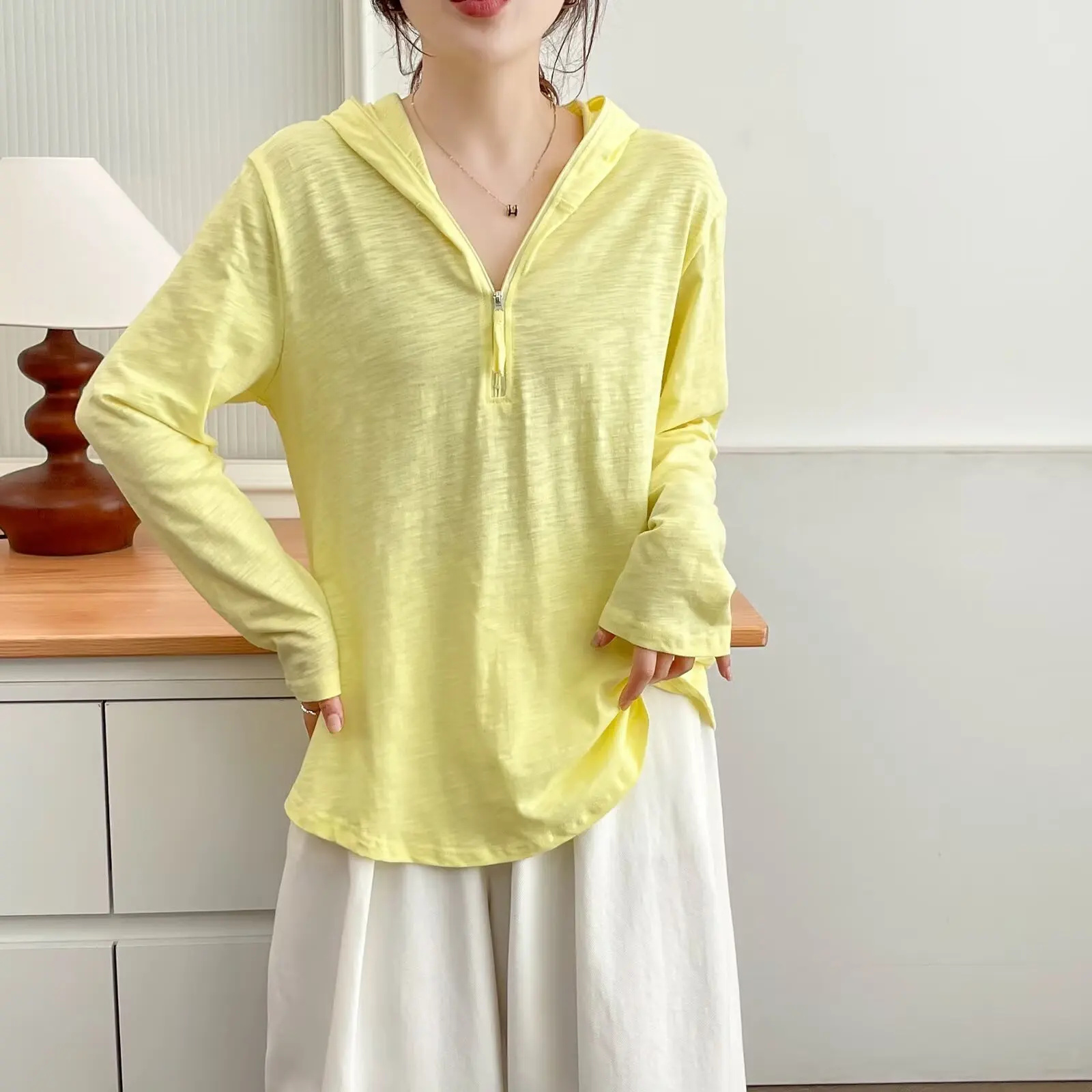 Fashion Plus Size Women's T-Shirt Autumn New Style Casual Half Open Collar Hooded Solid Color Tops 2557