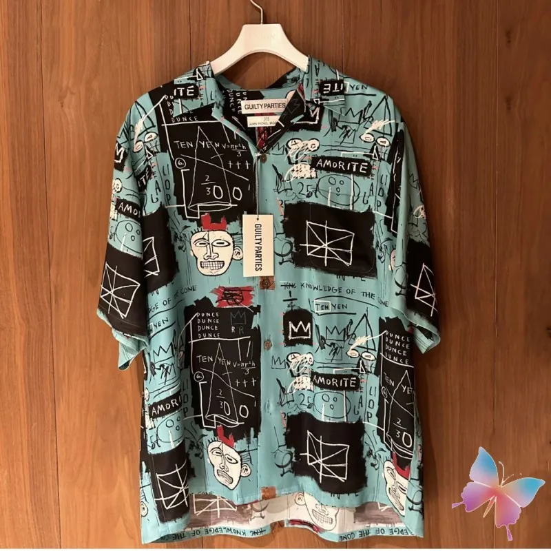 

24ss Blue Graffiti Full Print Short Sleeves WACKO Shirt Summer Street Lapel Tops Casual Loose Seaside Hawaiian Shirts Men Women