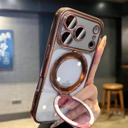 Custodia per telefono trasparente con supporto pieghevole, copertura magnetica MagSafe e pellicola in vetro per obiettivo