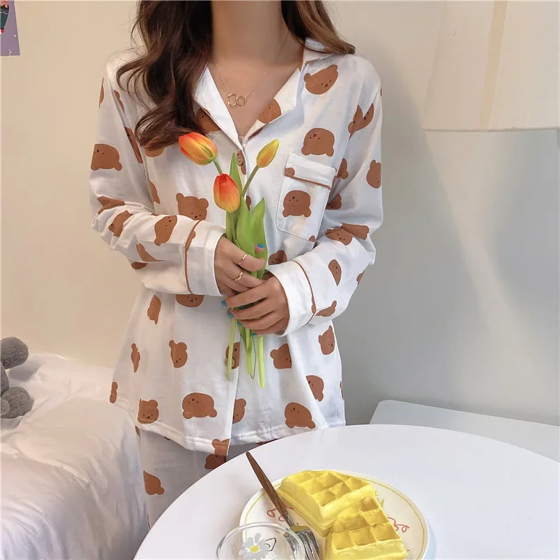 Cartoon Bear Pajamas Set Spring New Arrivals Loose Lovely Sleepwear Soft Comfort Kawaii Homewear Leisure Couple Two Piece Sets