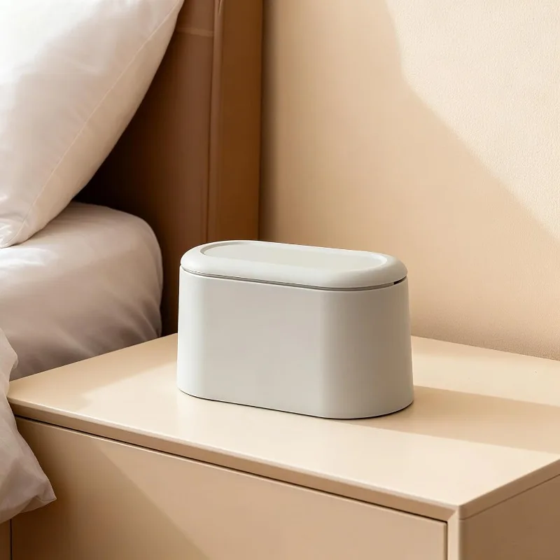 Compact Desktop Trash Can with Lid - Mini Plastic Waste Bin for Vanity/Bedside/Office,  Space-Saving &  Odor-Blocking