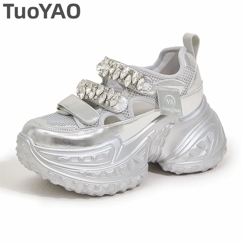 

8cm Air Mesh Hollow Synthetic Leather Leisure Platform Wedge Slippers Chunky Sneakers Breathable Summer Women Bling Bling Sandal