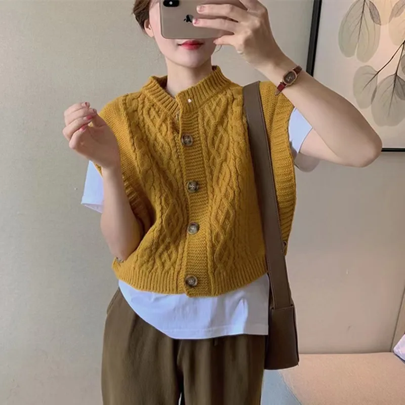 New Fashion Retro Sweater Vest Elegant Crew Neck Knitted Button Cardigan Single-breasted Office Women's Sleeveless Top