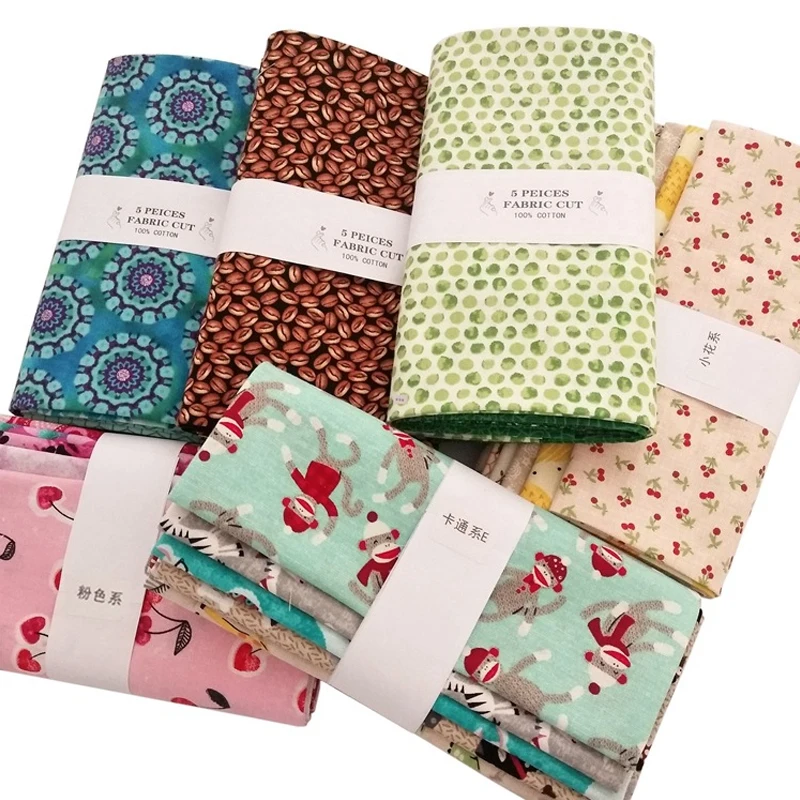 

5pcs Cotton Fabrics Vintage Fashion Floral Plaid Dot Stripes Print Square Fabric Cloth Patchwork Needlework 25*22cm DIY Material