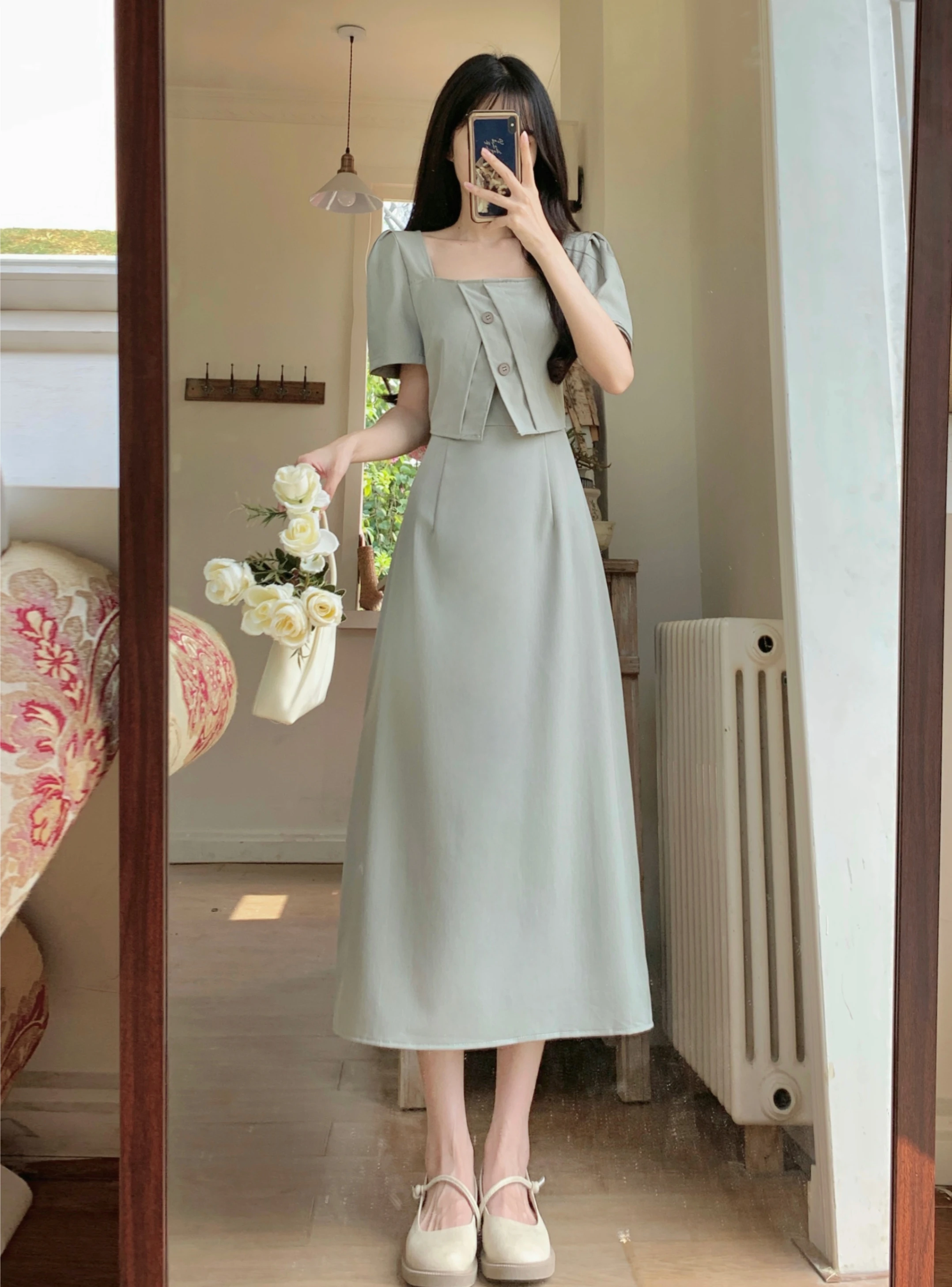 

Vintage Solid Women Square Neck Temperament Dresses Fake Two Button Decoration Female Long A-LINE Skirts Office Lady Twill Dress