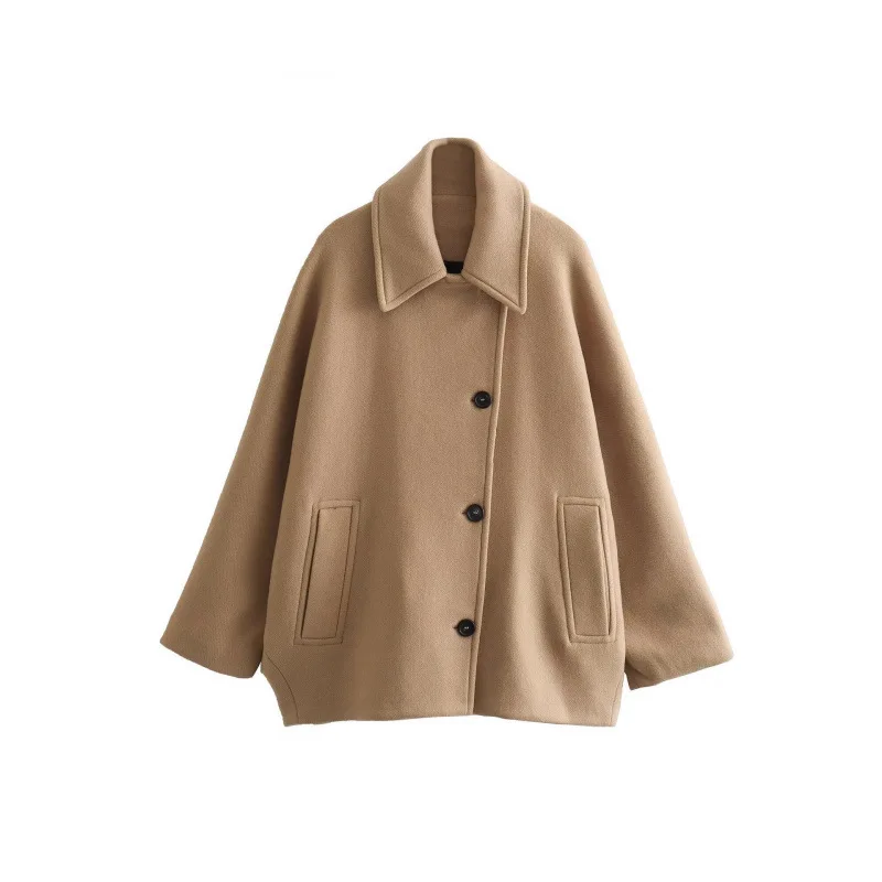 Womens Long Sleeve Woolen Blend Coat with Pocket