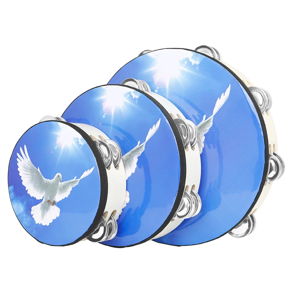 3 Pcs Tambourine Drum Handheld for Kids Peace Dove Percussion Instrument Blue Musical Child