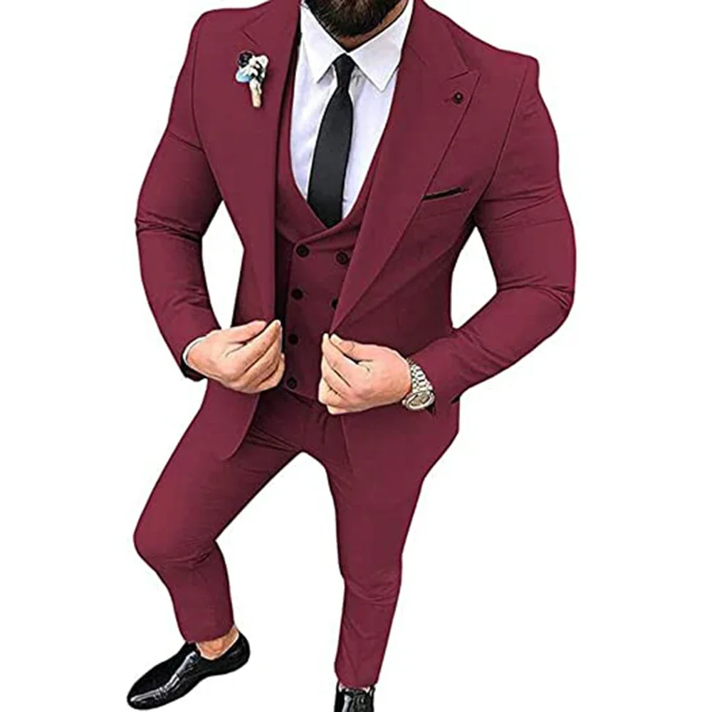 Beige Herenpakken Voor Bruidegom Smoking Slim Fit Zakelijk Casual Peak Revers 3-delig Pak Kostuum Homme (Jas + Broek + Vest)