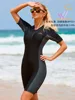 One piece swimsuit for women with short sleeves, elastic belly covering, slimming effect, quick drying, and sun protection 3