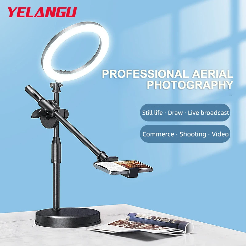 YELANGU Overhead Tripod With 6CM Ring Light Table Tabletop Shooting With Phone Holder Boom Arm For Live Youtube Streaming Video