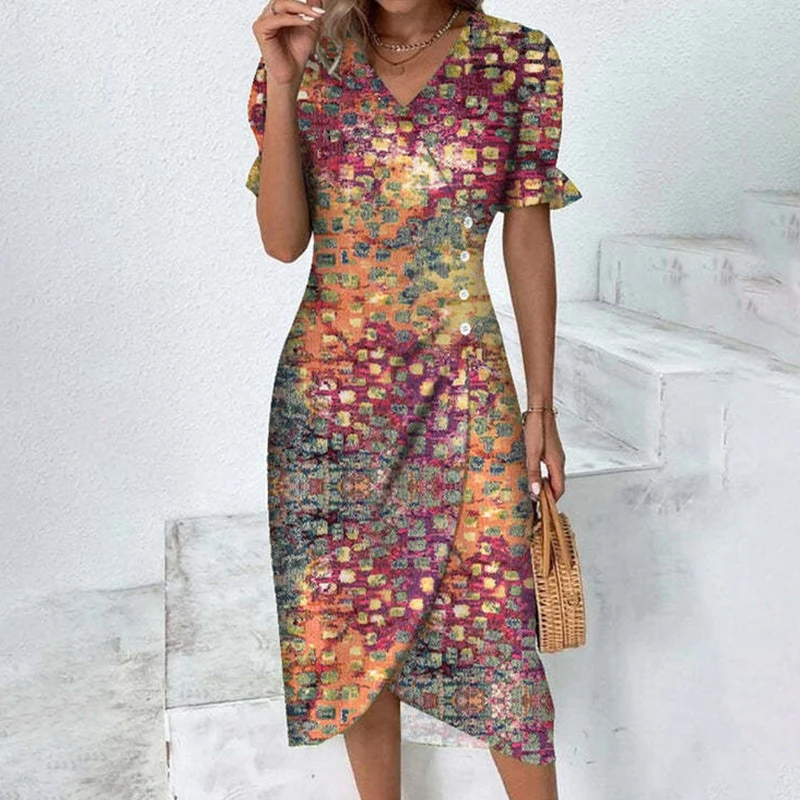

Seaside Floral Pleated Midi Bodycon Dress Summer Female V Neck Puff Sleeve Buttons Dresses Women Elegant Office Vacation Vestido