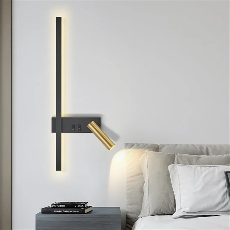 

Reading lamp bedside interior black long wall light with switch Nordic modern led night light for living room bedroom