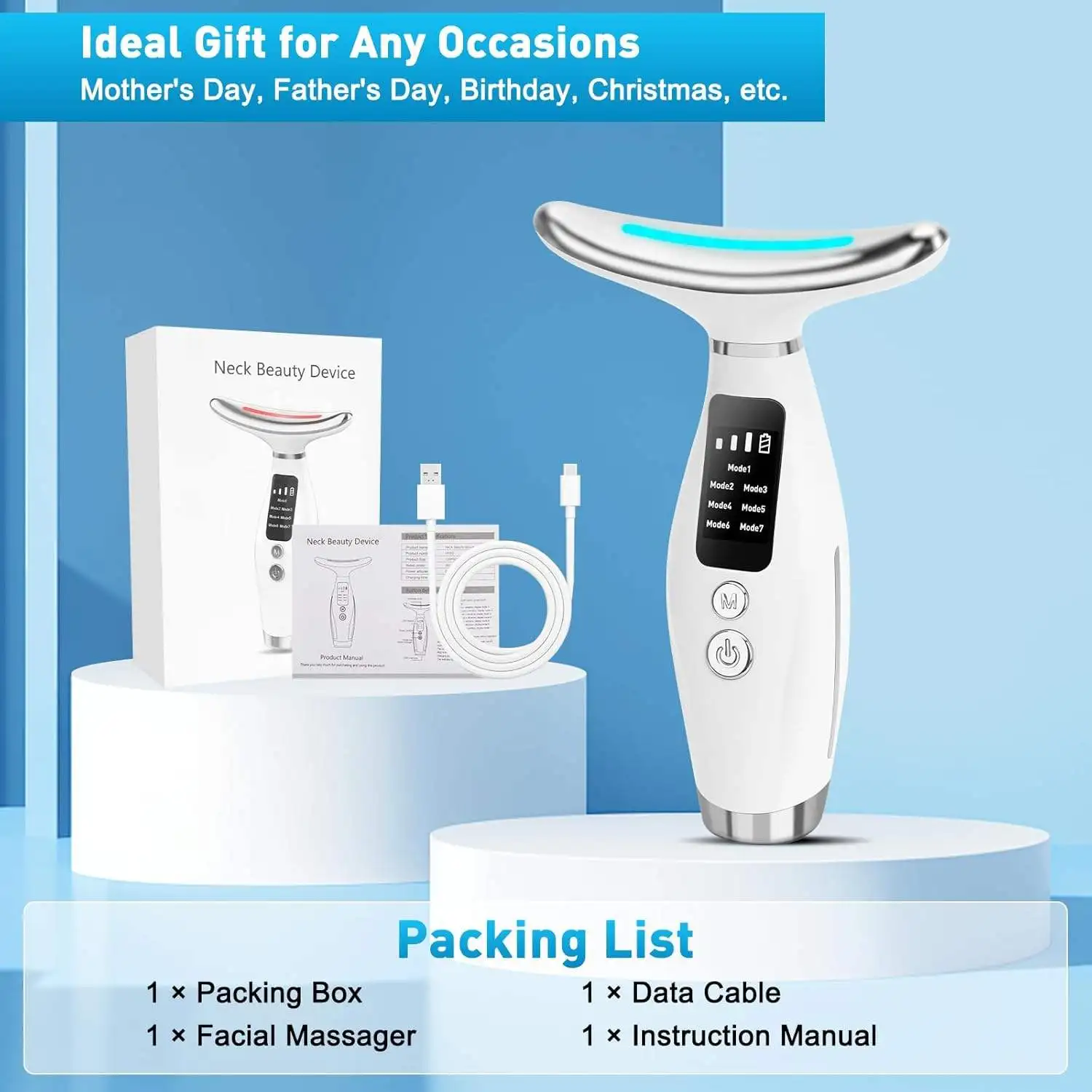 7 in 1 LED Photon Face Neck Massager Microcurrent Facial Beauty Device Skin Care Tool Lifting Tightening Sagging Skin