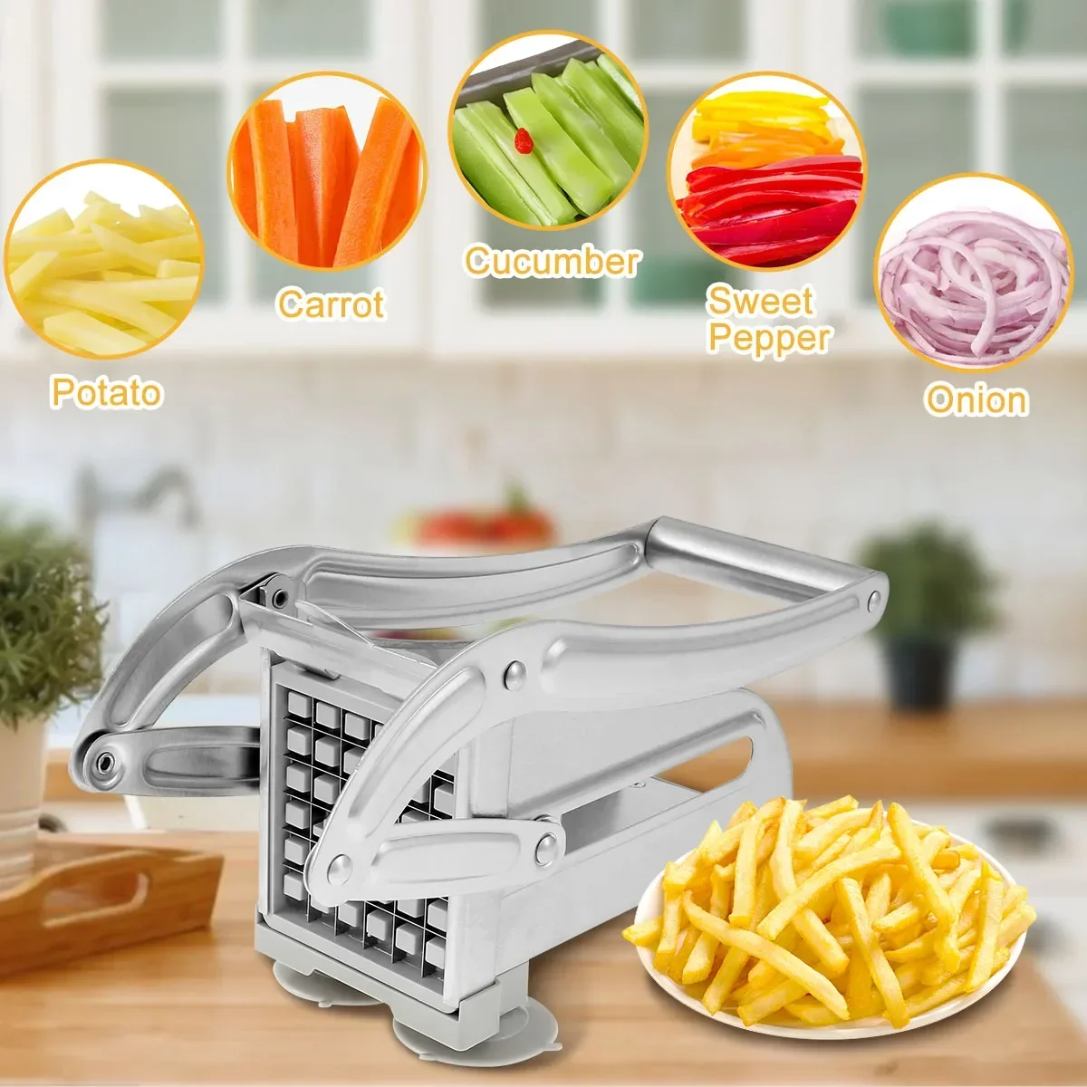 Description Picture 2 of itemFrench Fry Cutter Stainless Steel Potato Chipper Fast Cutting Potato Chip Cutter with 36/46 Holes Blades Manual Food Slicer