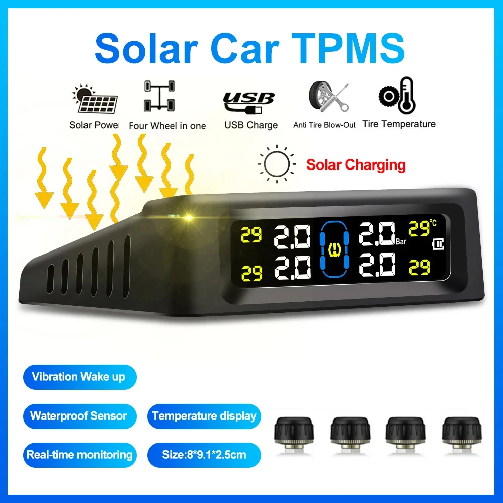 Solar Power TPMS Car Tire Pressure Alarm Monitor Intelligent Auto Security Alarm Digital Tyre Pressure Temperature Warning car tire pressure monitor