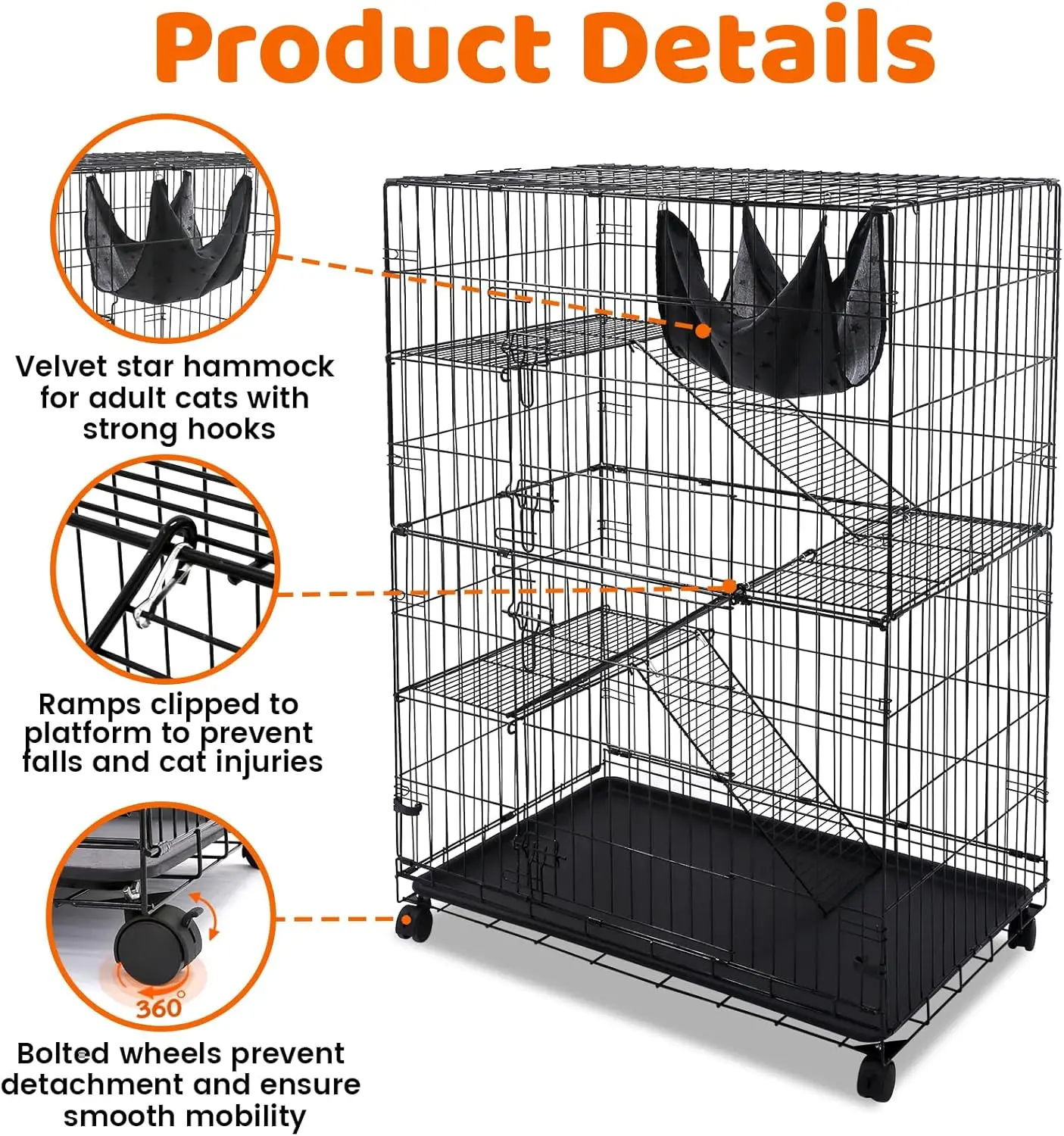 Pet 50 Inch Cat Crates for Indoor Cats, Large Cat Cages Indoor, Collapsible Metal Wire Kennel Big Multi-Level Cage