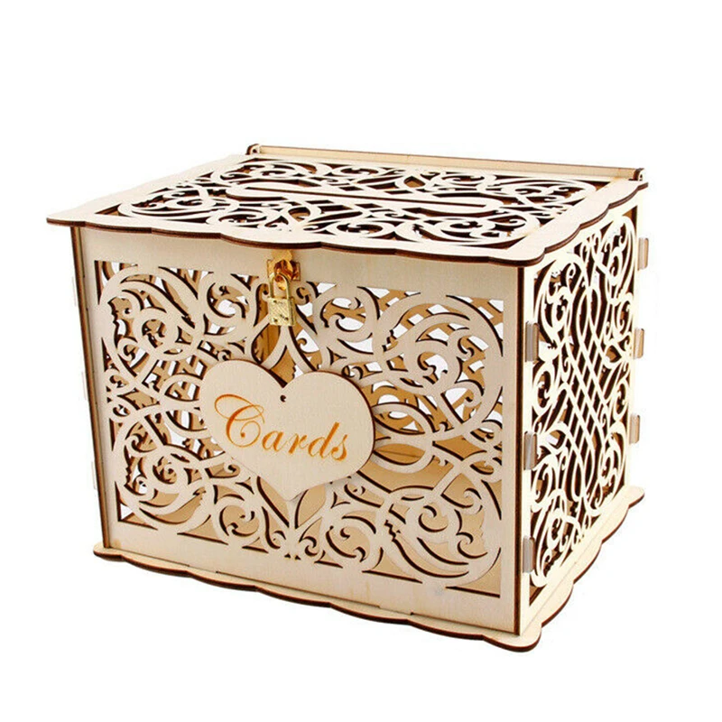 DIY Wedding Card Box Wooden Couple Money Boxes with Lock Hollow Floral Pattern Wedding Decor Gift Envelope Birthday Supplies