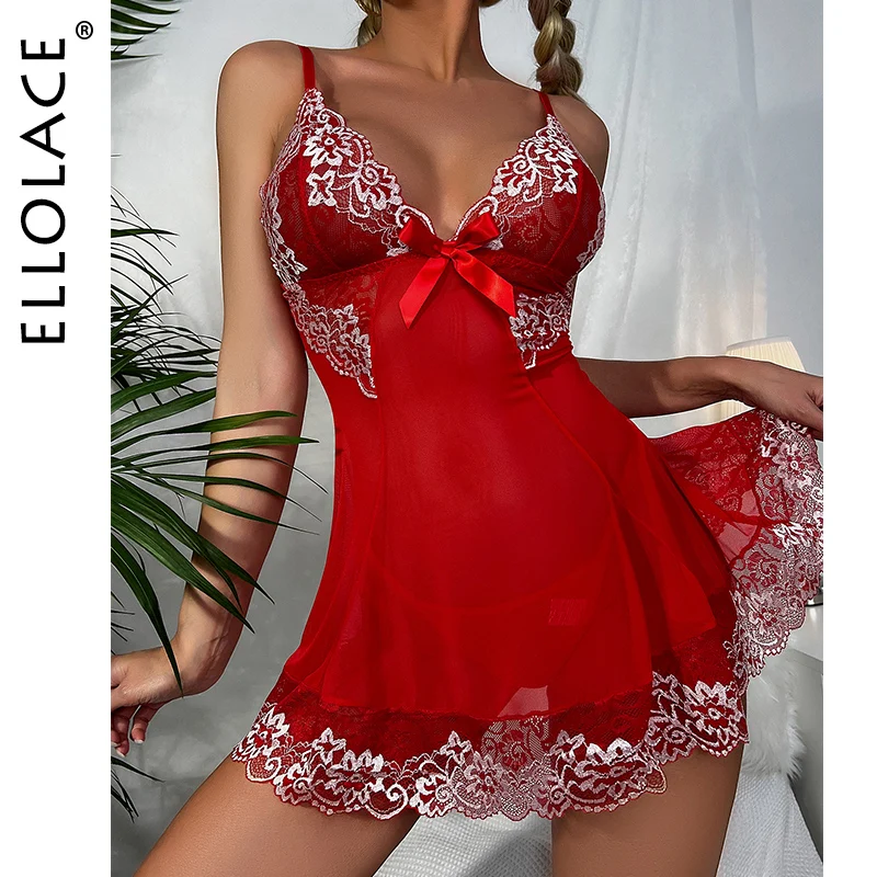 Ellolace Red Nightwear Lace Women's Dress Deep-V Embroidery Sleepwear Bowknot Sensual Nightgown Sexy Hot Mini Nightdress