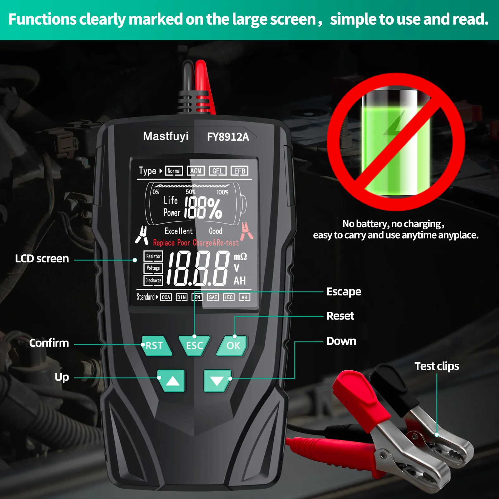 Battery Tester MASTFUYI FY8912A Car Battery System Tester 12V 24V Car Motorcycle Truck System Analyzer 50-2000CCA Charging Cranking Test Tool