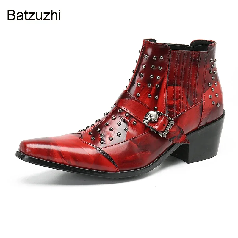 

Batzuzhi 6.5cm High Heels Pointed Toe Short Ankle Boots Men Buckles Rivets Slip-on Wine Red Party/Wedding Boots, Sizes US6-US13