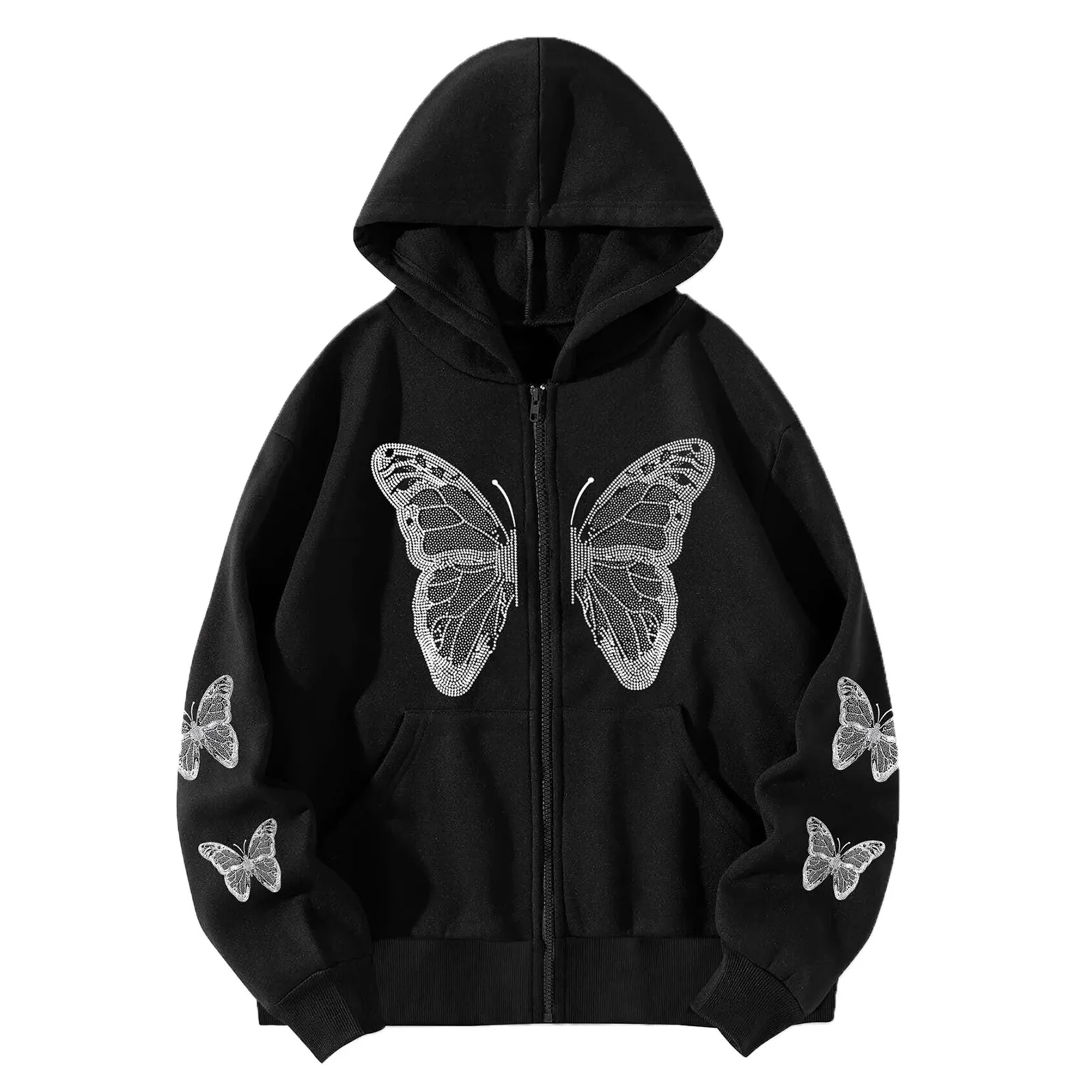 Butterfly Print Zip Up Hoodies Womens Gothic Punk Sportswear Tracksuit Oversize Leisure Hooded Top Jacket Y2k Aesthetic Cardigan