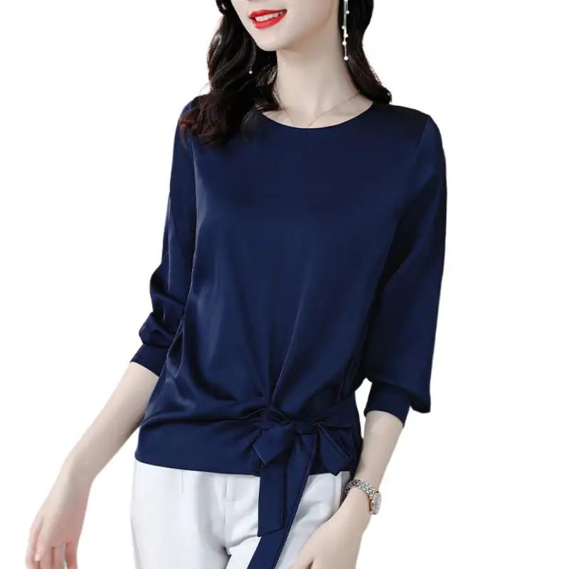 

New Spring Autunm Women Long Sleeve Satin Slik Tops lace up chiffon Blusas Femininas Streetwears shirts Elegant Office Blouse