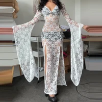 E-girl Goth Punk moulante robe à bretelles femmes pure dentelle robe Maxi chauve-souris à manches longues Y2k fée Grunge voir à travers la robe fluide fendue 6
