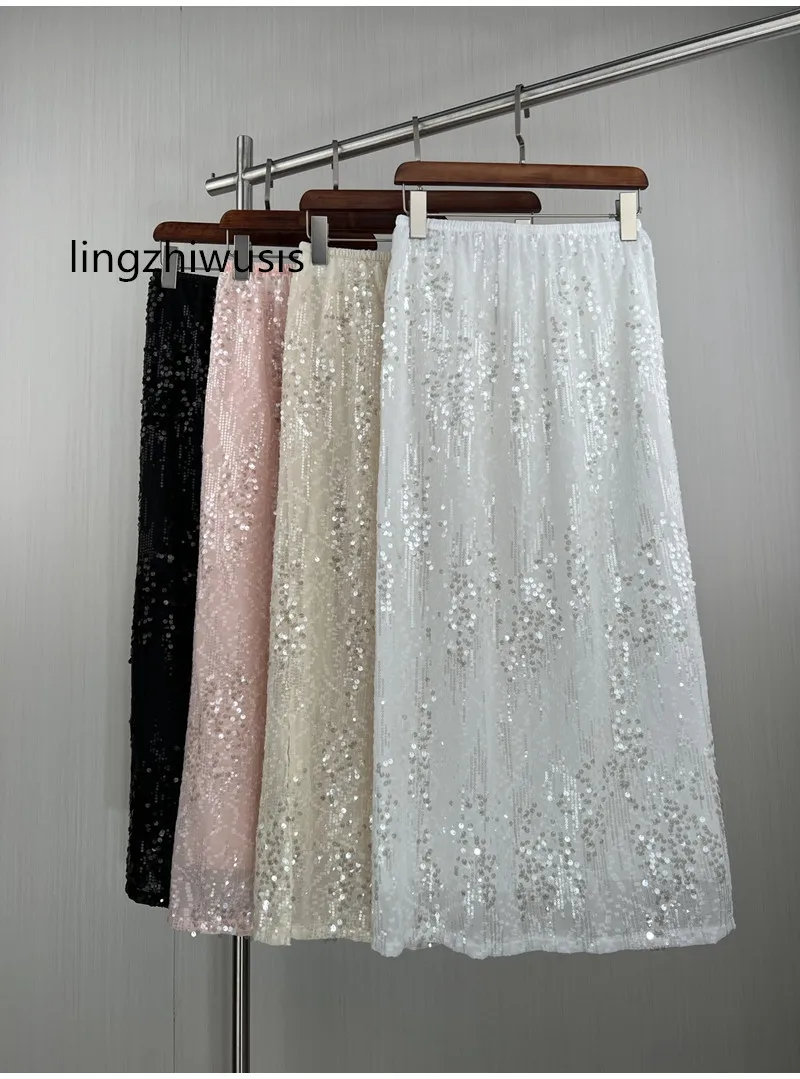 

Women Long Skirt Shiny Sequins Pink Slit Hem A-Line Skirts New Arrive