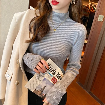 سترة نسائية موضة خريف وشتاء لعام 2025 سترة نسائية ضيقة ومطاطة محبوكة بأكمام طويلة وأزرار متماسكة 4