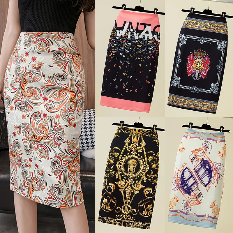 2023 Spring and Summer New Women's Fashion Print Pencil Skirt Temperament Elegant Sexy Joker Skirt Slim Slim Spice Bag Hip Skirt