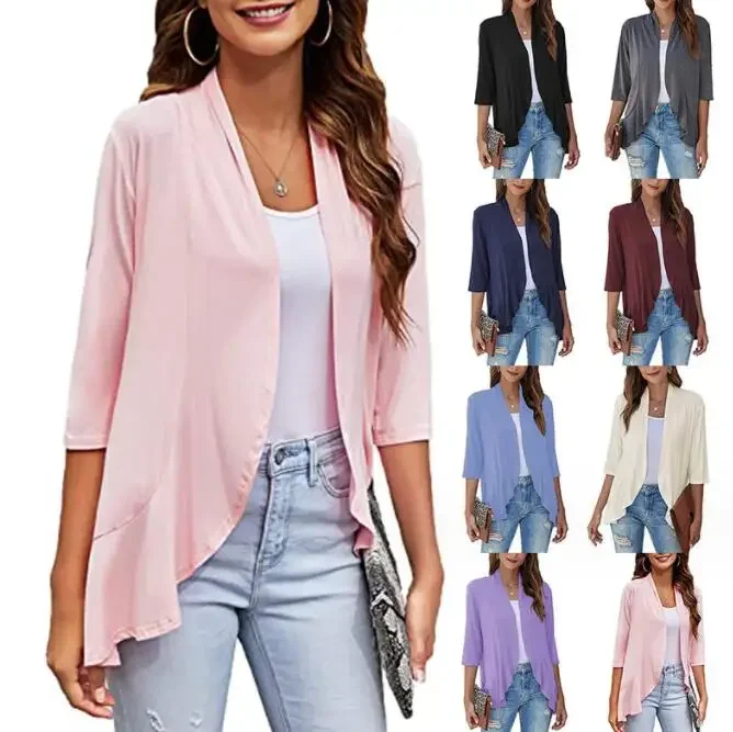 

Solid color cardigan jacket 3/4 sleeve ruffle top