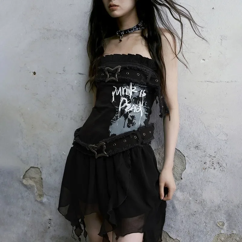 Solid Black 90s Punk Fairycore Party Dresses Grunge Aesthetics