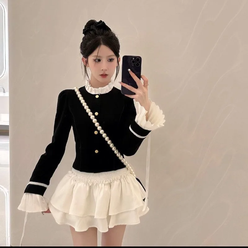 

French Stand Collar Flounce Splice Shirt Puffy Skirt Two-piece Set Women Fashion Sweet Lace Up Korean Gentle Slim Spring Suit