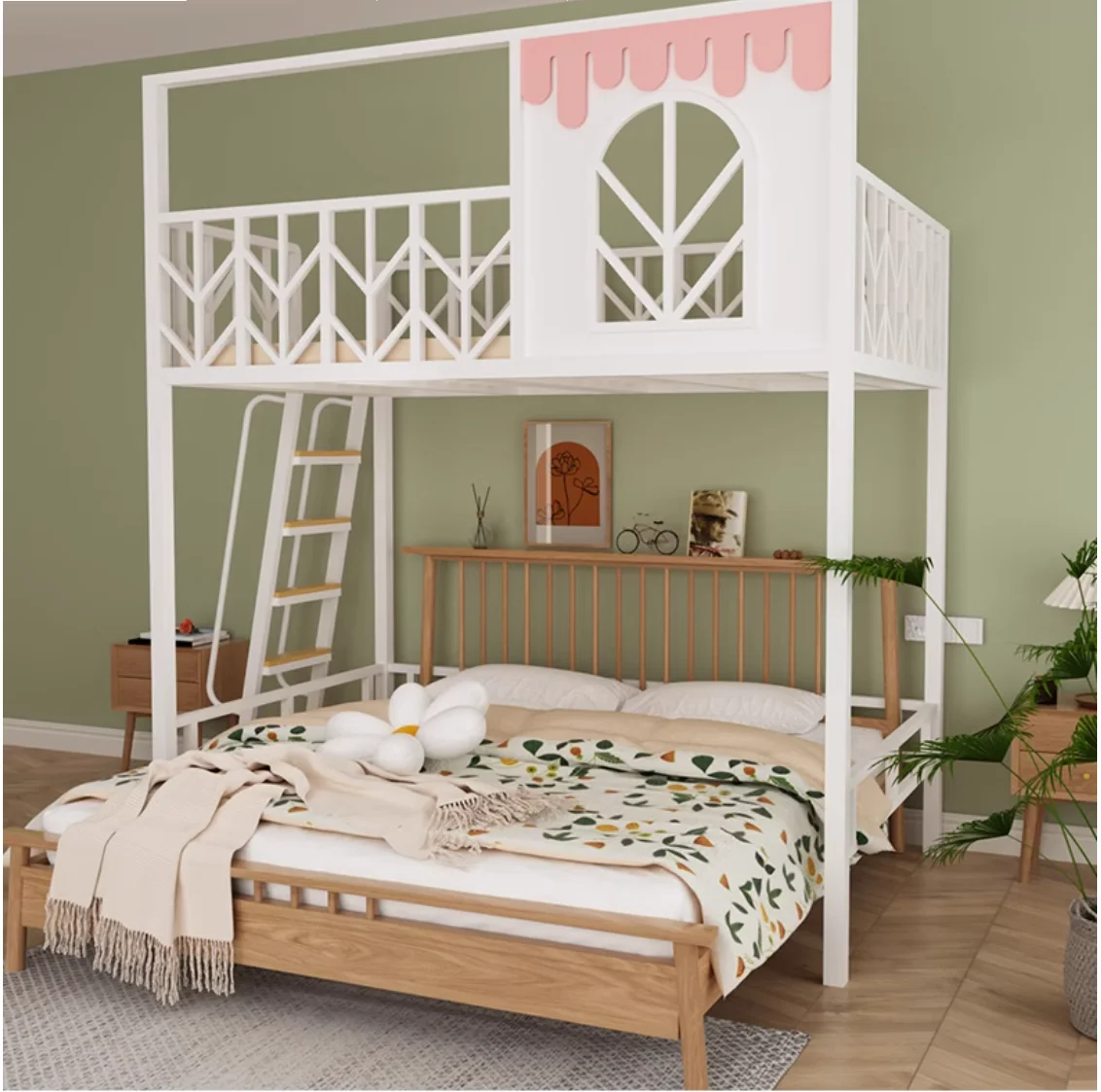 

Iron art elevated bed, loft bed, small apartment, duplex second floor bed, upper and lower bunks, apartment iron frame bed